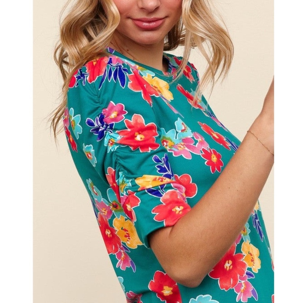 HAPTICS The Coastal Garden Shirred Sleeve Knit Top Summer Teal Botanical S, M, L - Picture 4 of 4